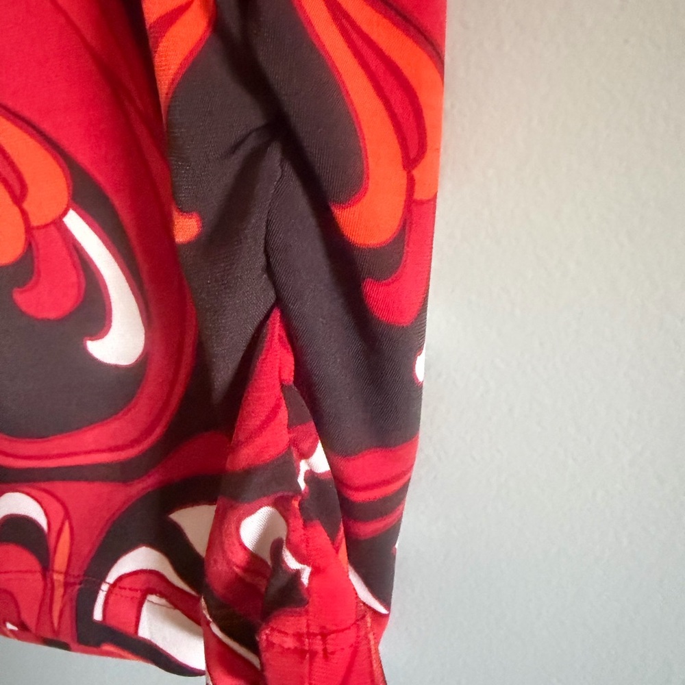 Chico's retro Red/Orange Patterned 3/4 sleeve Blouse ruched waist size 3 (XL) - Picture 7 of 8